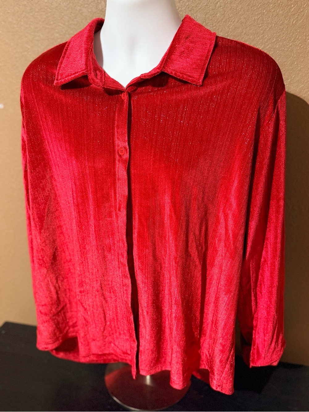 Women's Red Velvet-Effect Button-Down Shirt